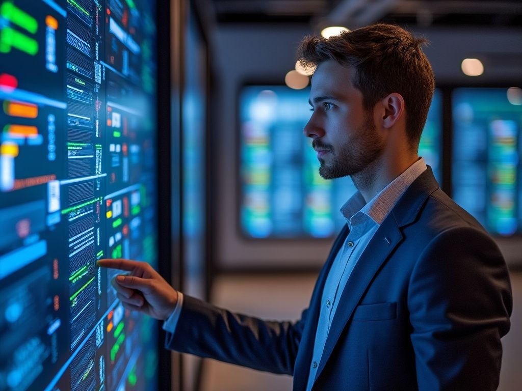 Person in a suit interacting with a large touch screen displaying various colorful data charts and graphs.