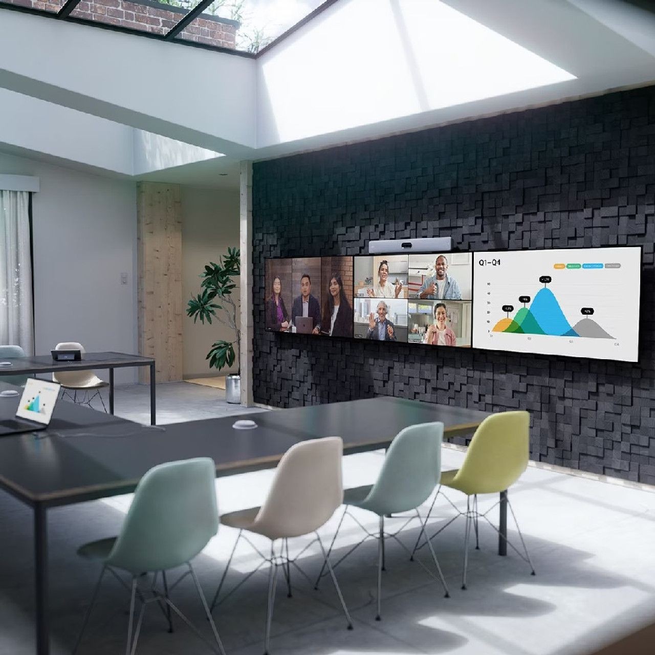 Modern conference room with a black table, colorful chairs (blue, beige, yellow), and large screens displaying a video conference with multiple participants and a quarterly performance chart, illuminated by natural light from a skylight, showcasing hybrid work and business collaboration.