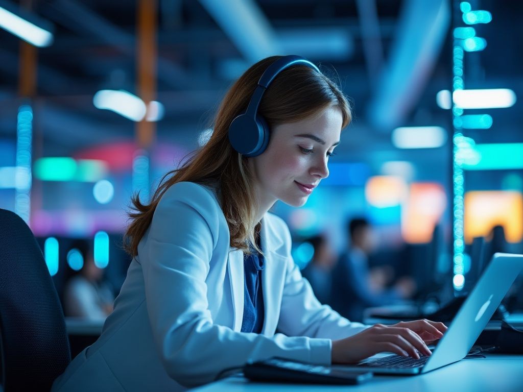 Woman wearing headphones working on a laptop in a modern, brightly lit office environment with colorful lights.