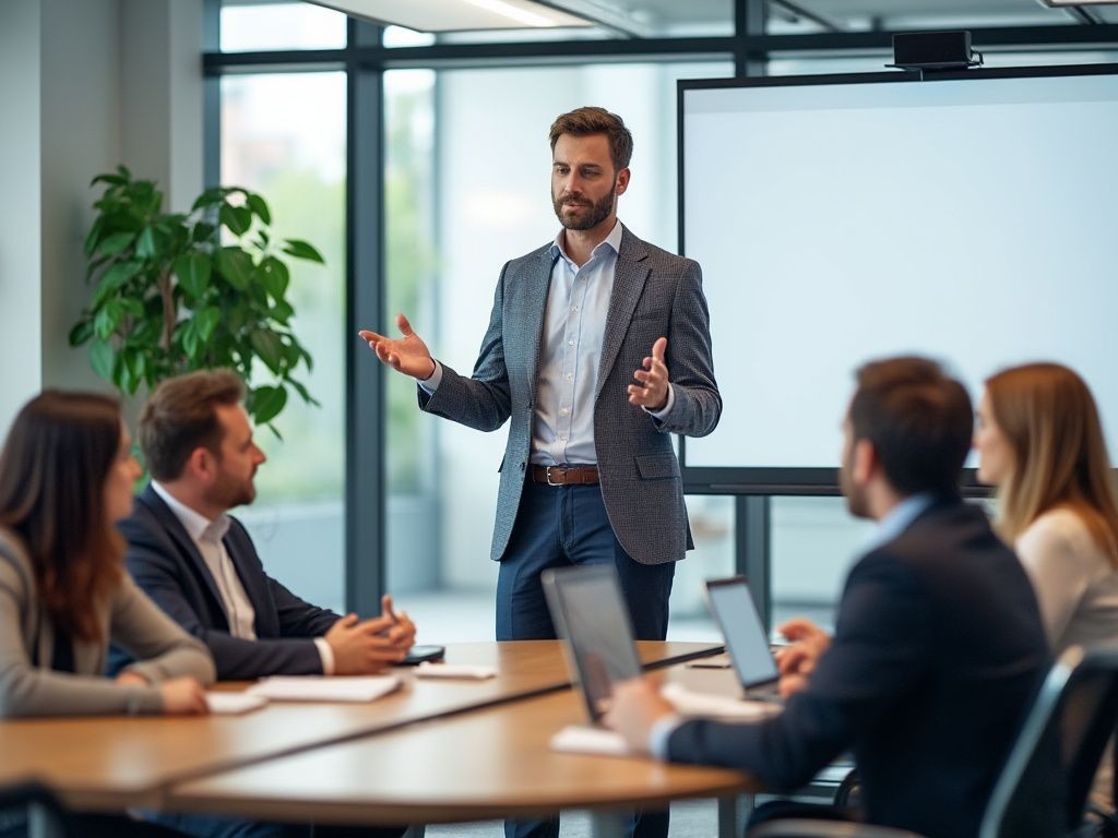 Business meeting with a person speaking to colleagues around a conference table in a modern office.