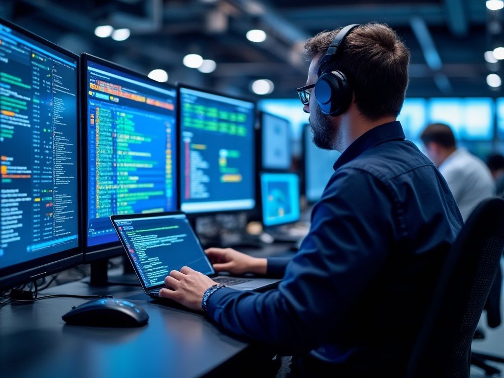 Person with headphones working on multiple computer screens displaying code and data in a dimly lit office.