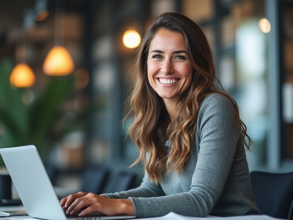 Smiling woman sitting at a desk with a laptop in a modern open office setting.