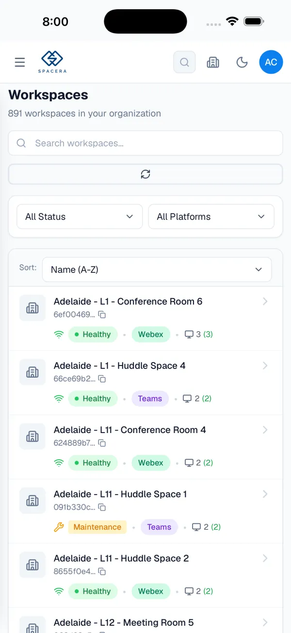 Spacera app workspace list with each room's health and meeting platform